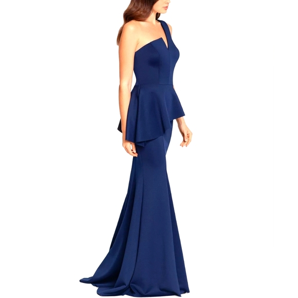 Betsy & Adam One-Shoulder Peplum Gown - Picture 2 of 5